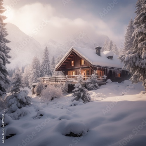 A snowcovered alpine landscape with a cozy mountain cabin  © Brandon