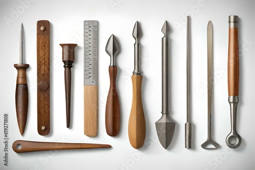 set of tools on wood on white background, by generative AI technology