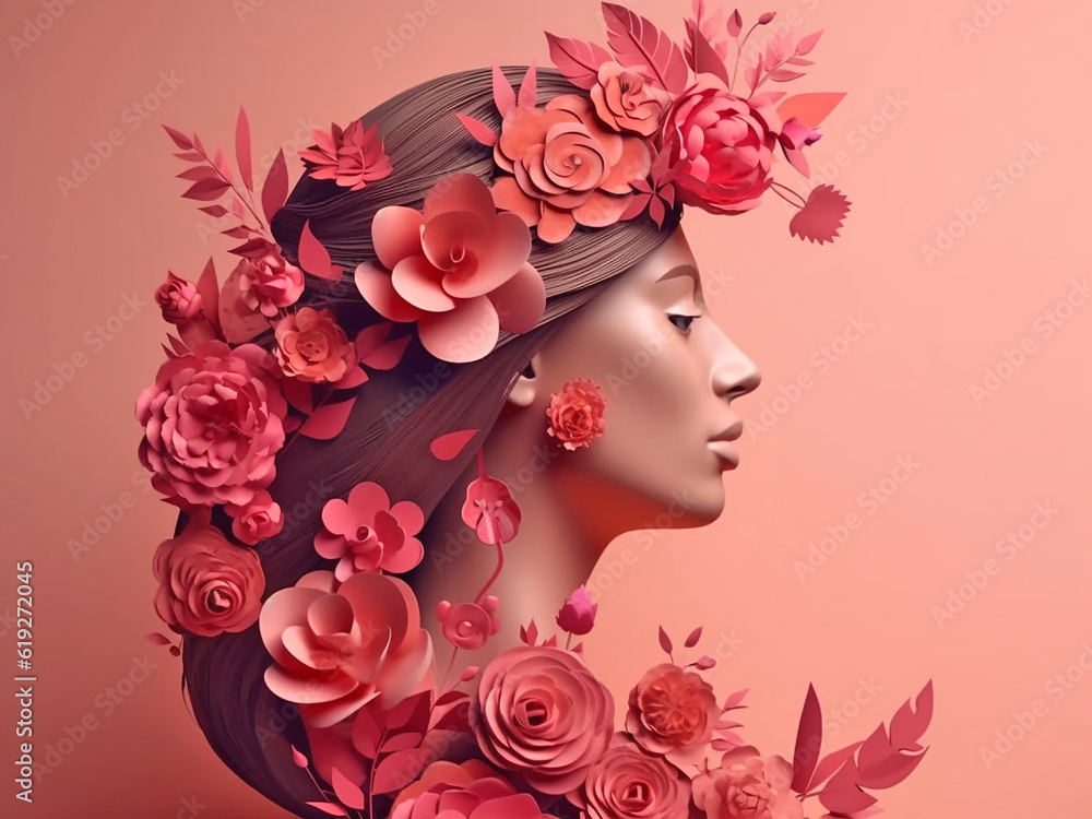 Paper profile of a beautiful woman with flowers in her hair, close-up. Generative AI