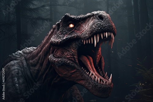 menacing Tyrannosaurus Rex with open jaws in a dimly-lit forest. Generative AI