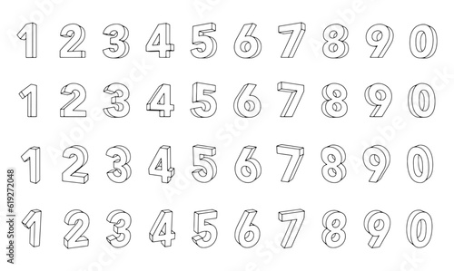 立体的な数字のアイコンセット　輪郭線