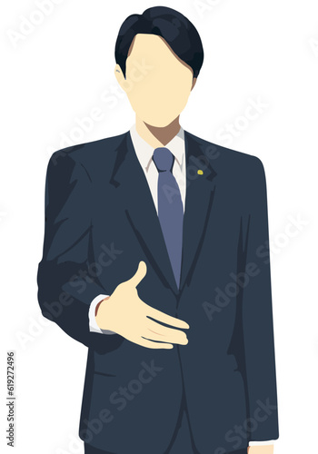 握手を求める青いスーツの男性フラットカラーイラスト（顔なし）