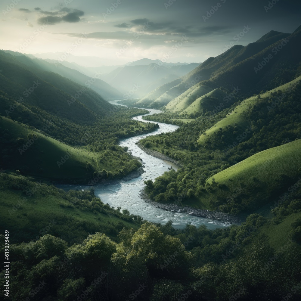 Breathtaking view of a winding river in a lush valley 