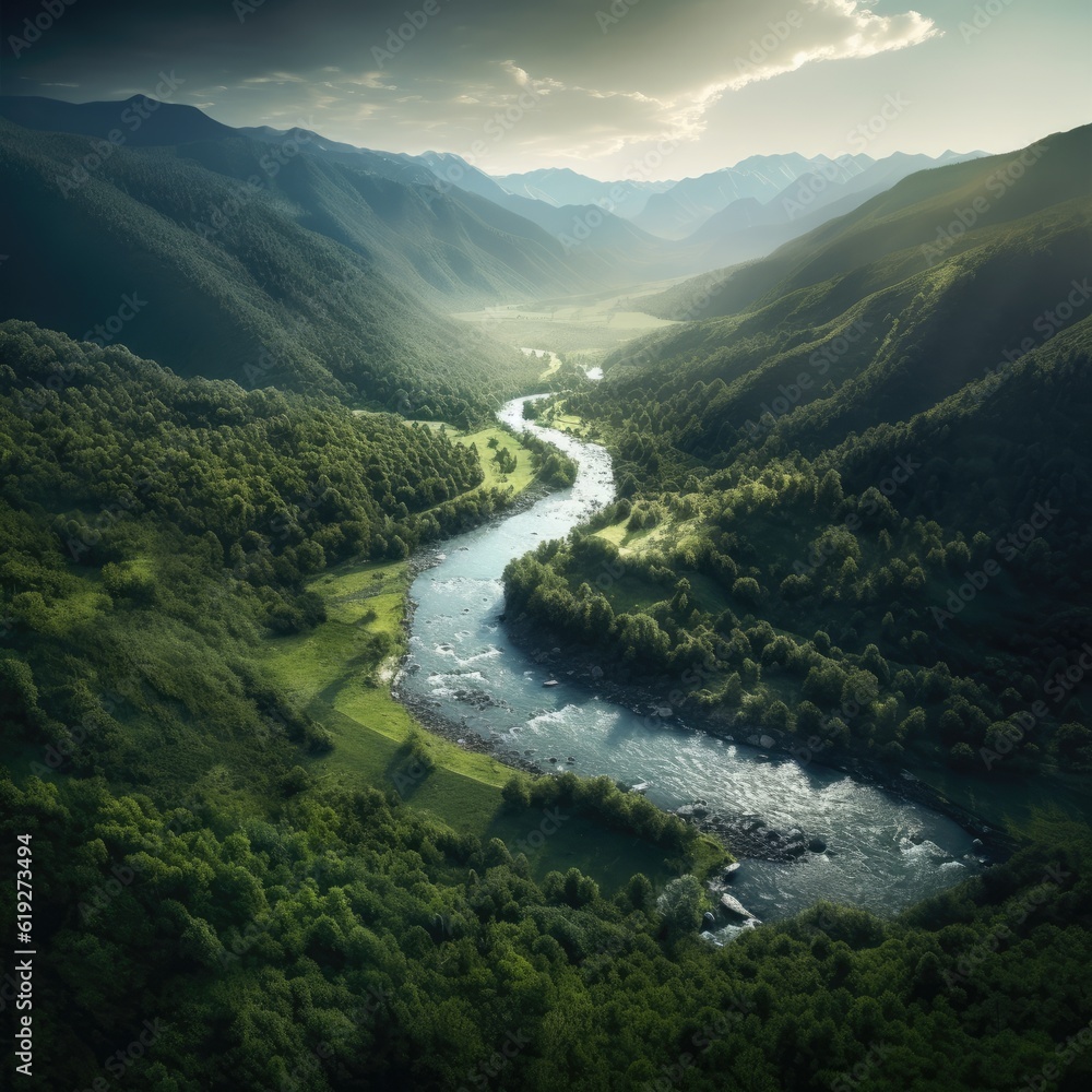 Breathtaking view of a winding river in a lush valley 