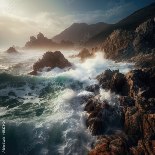 Breathtaking view of a rugged coastline with crashing waves © Brandon