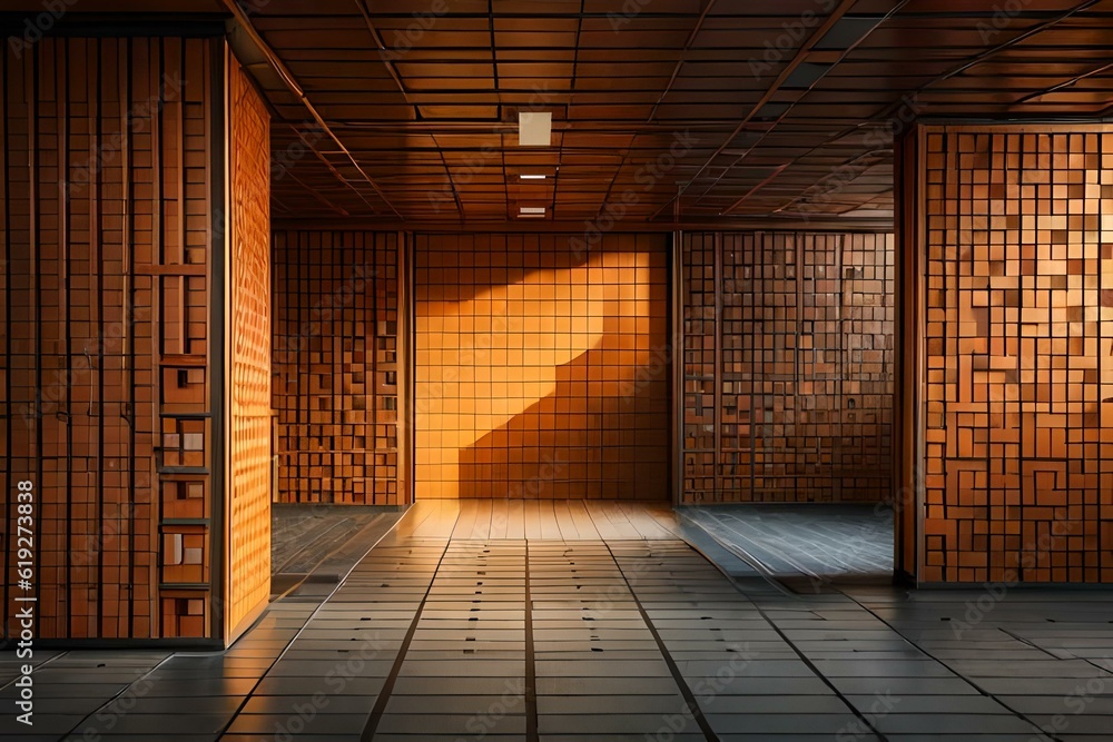 Wall with bricks textured and colored in dark orange, by generative Ai