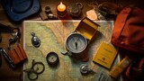 Stilllife of a map, compass and equipment. Generative AI illustration.