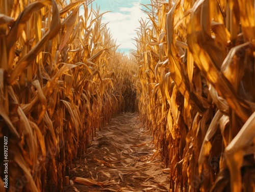 inside a golden corn maze in an agricultural crop field during sunset or sunrise, generative ai