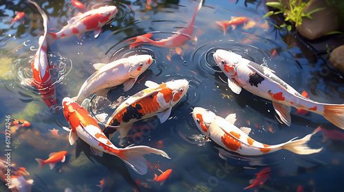 shoal of koi fish in the pond