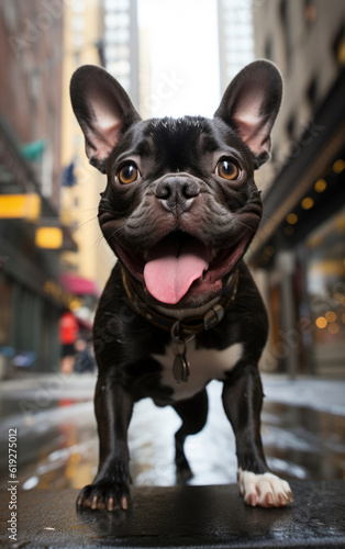 Cute black french bulldog standing with open tongue in urban environment created with Generative AI Technology © AstraNova