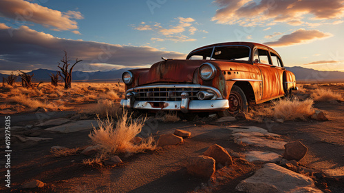 A rusty abandoned car on the side of the desert, the road deserted, the windows broken, and the tires long gone created with Generative AI Technology © AstraNova