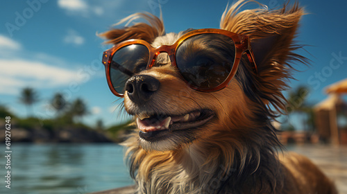 海でバカンスを楽しむサングラスをかけた犬 © shin project