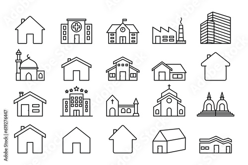 Building set icon. Contains House icon, home, hospital, office building, hotel, factory, school, mosque, church and more. Line icon style design. Simple vector design editable