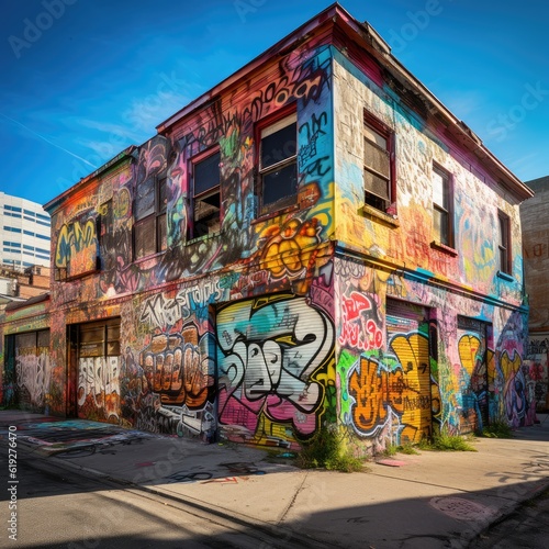 Graffiti covered urban buildings generative AI