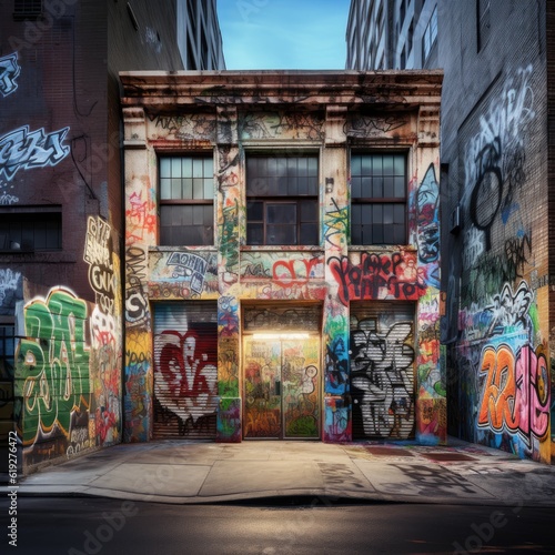 Graffiti covered urban buildings generative AI © Brandon