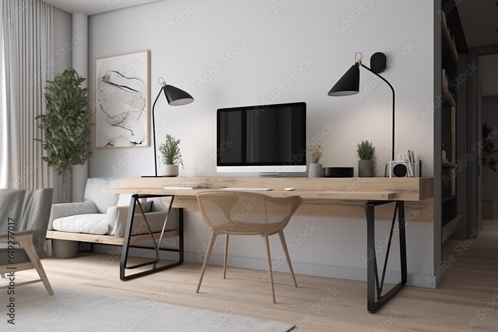 Generative AI.sleek and minimalist home office setup with a sleek desk, ergonomic chair, minimalist decor, and ample natural light, offering a functional and aesthetic workspace Generative AI.sleek and minimalist home office setup with a sleek desk, ergonomic chair, minimalist decor, and ample natural light, offering a functional and aesthetic workspace