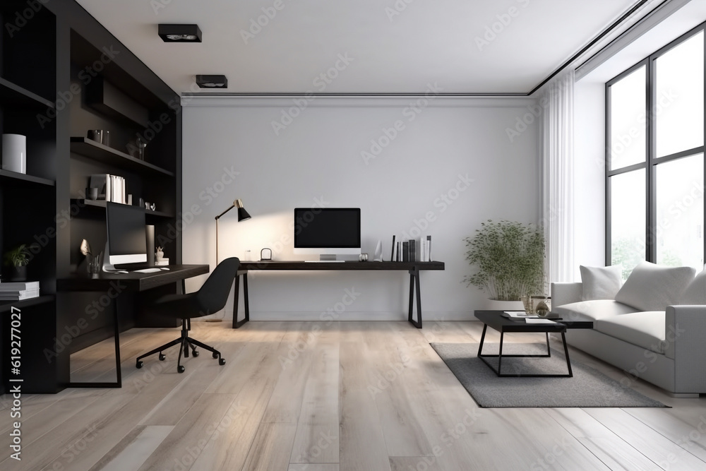 Generative AI.Home office desk workspace with laptop, golden lamp, stationery on white desktop. Modern interior design concept. Generative AI.Home office desk workspace with laptop, golden lamp, stationery on white desktop. Modern interior design concept.