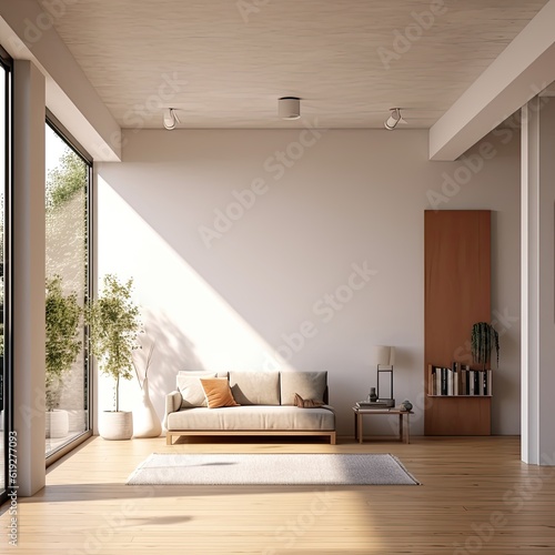 Interior of a minimalist living space with clean lines and open layout representing modern design aesthetics generative AI