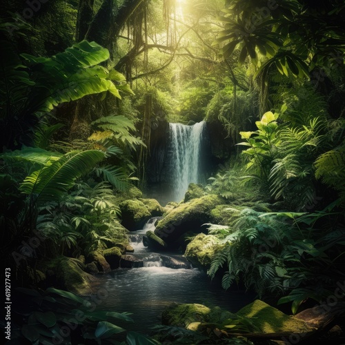 Majestic waterfall surrounded by lush vegetation generative AI