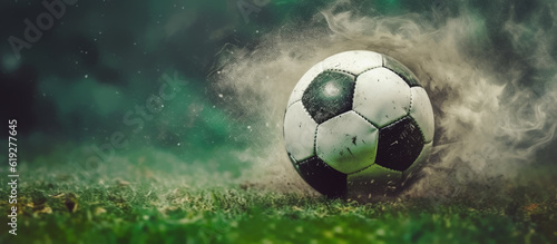 soccer ball with dust and smoke on green grass background , Generative AI © RainMelon