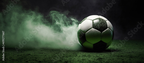 soccer ball with dust and smoke on green grass background   Generative AI