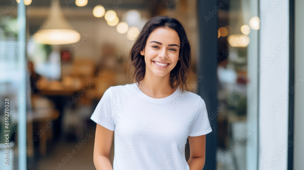 Woman wearing a plain white tshirt, smiling Woman wearing a plain white tshirt, smiling
