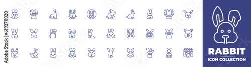 Rabbit line icon collection. Editable stroke. Vector illustration. Containing rabbit, magic hat, bunny, cruelty free, magic, bunny ears, mask, magician, and more.