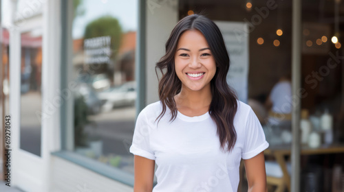 Woman wearing a plain white tshirt, smiling Free Download Woman wearing a plain white tshirt, smiling - GFXLoad