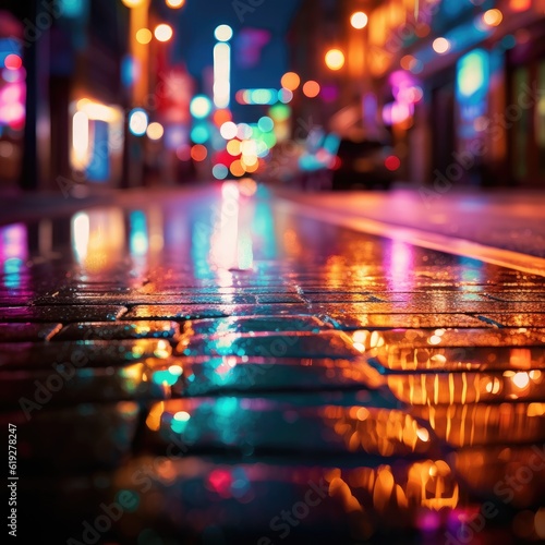 Neon lights reflected on a wet pavement 