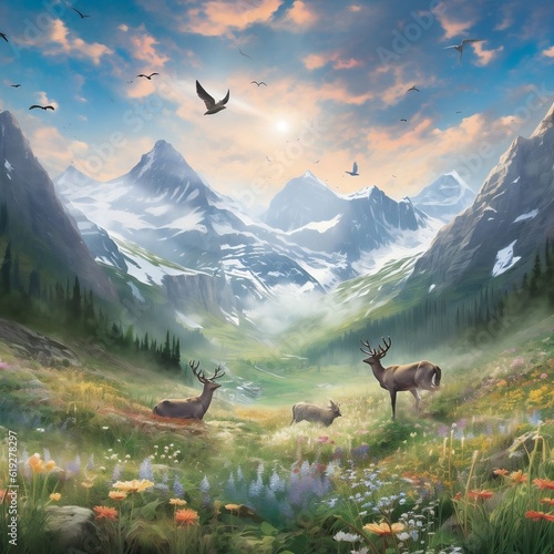 Depict a serene mountain landscape with a group of deer grazing peacefully in a meadow