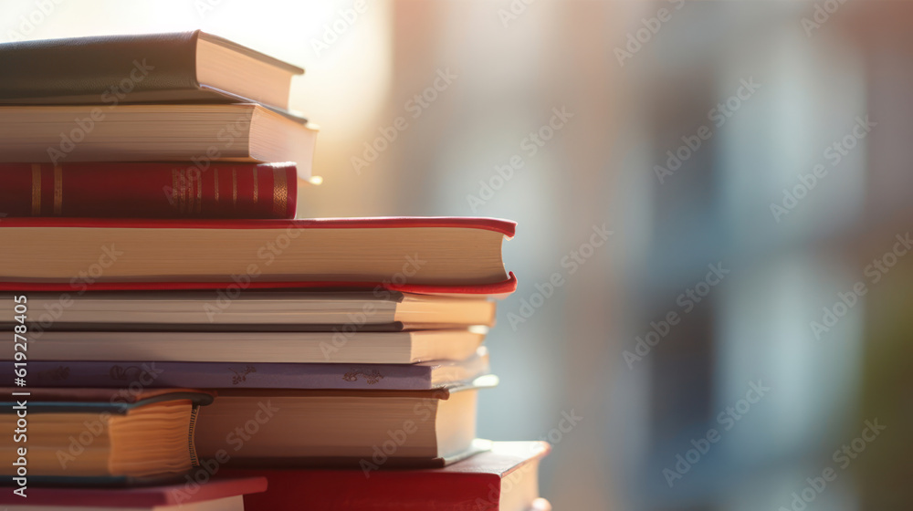 Close up of books stacked, blur background, copy space Close up of books stacked, blur background, copy space