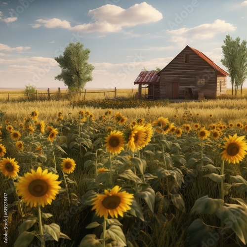 Peaceful countryside with fields of sunflowers  generative AI