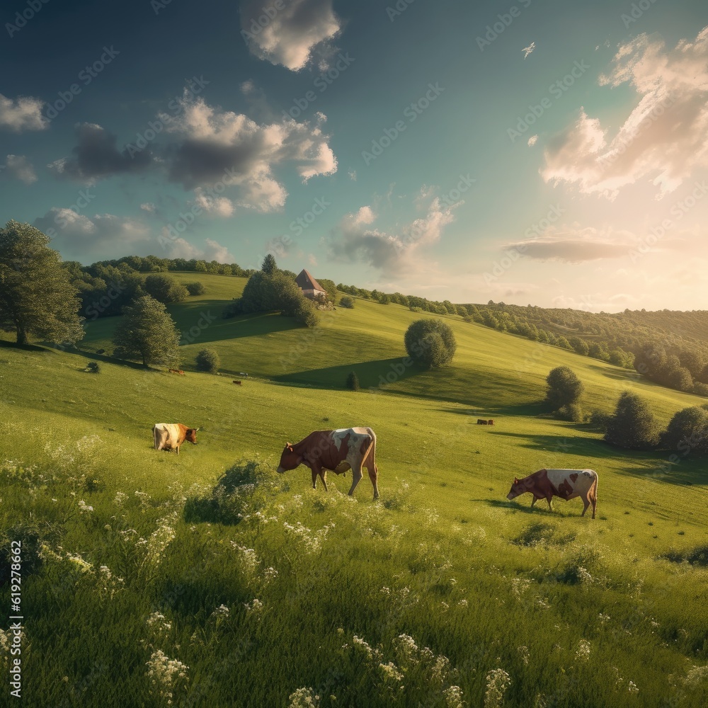 Picturesque countryside with rolling hills and grazing cows 