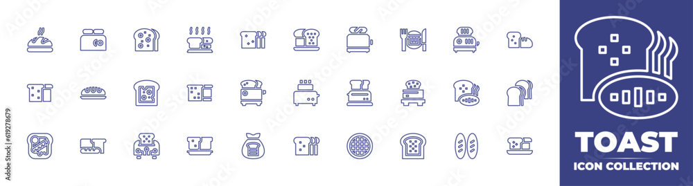 Toast line icon collection. Editable stroke. Vector illustration. Containing bread, toaster, loaf, breakfast, cheese bread, starch, english breakfast, waffle, and more.