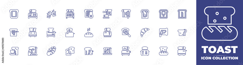 Toast line icon collection. Editable stroke. Vector illustration. Containing toast, toaster, bread, spread, croissant, spreading, sandwich, breakfast, food, challah, breads, tea mug, flat, and more.