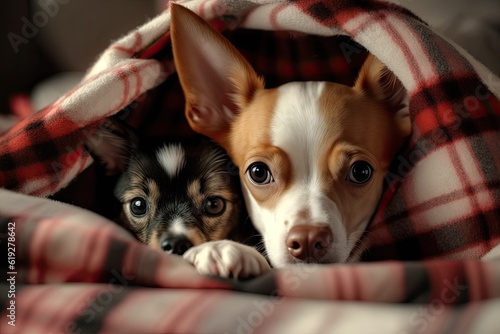 two dogs cuddled under a cozy blanket. Generative AI