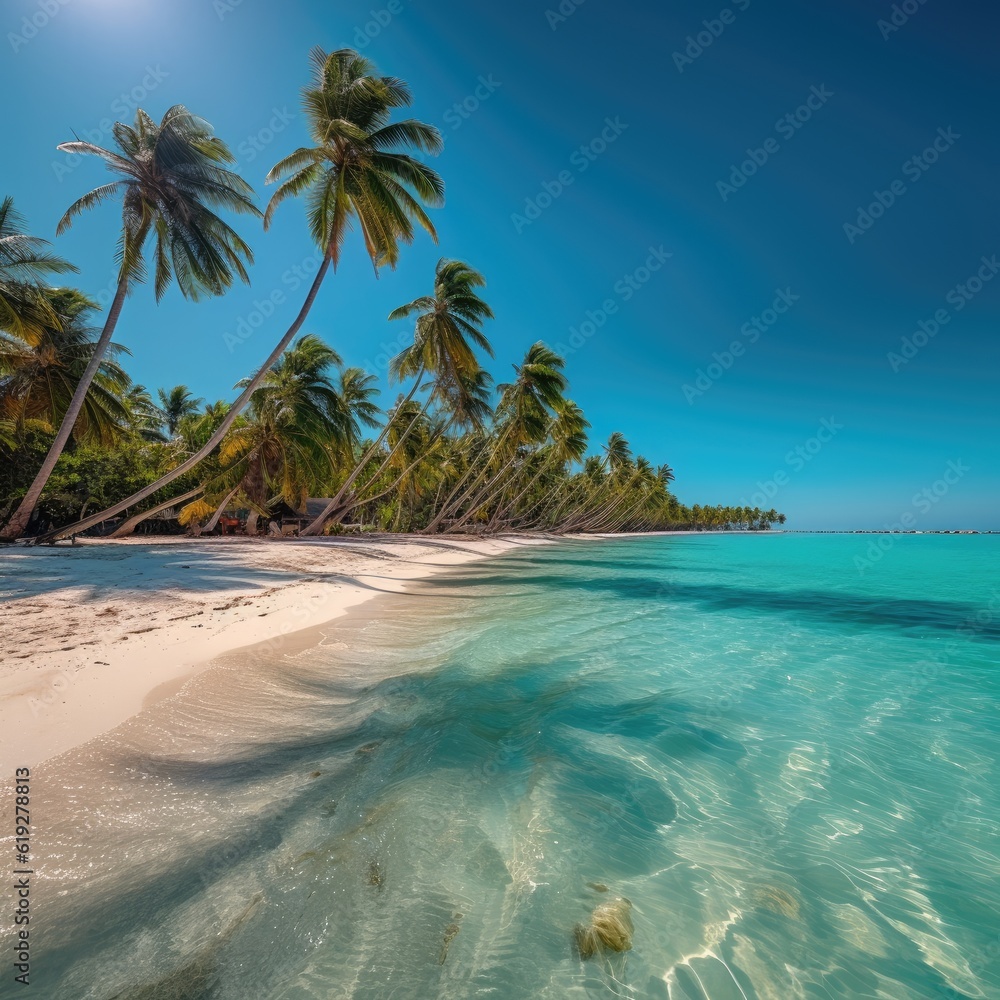 Pristine beach with turquoise waters and palm trees generative AI 