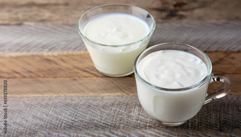 Glass cup of Turkish traditional drink ayran , kefir or buttermilk made from yogurt, homemade yoghurt in glass bowl on rustic table, healthy food Glass cup of Turkish traditional drink ayran , kefir or buttermilk made from yogurt, homemade yoghurt in glass bowl on rustic table, healthy food