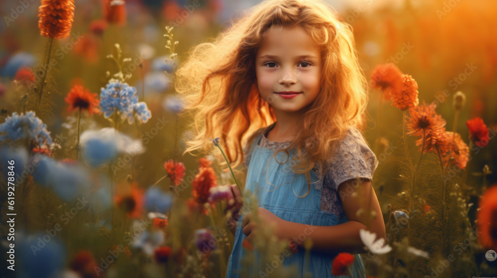 Fototapeta premium Cute happy little girl of 4 years ocean in sunset light.