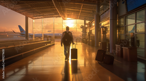 Man leaving at the airport, morning sunlight 