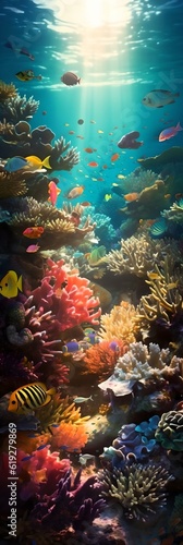 a colorful underwater scene with fish and corals