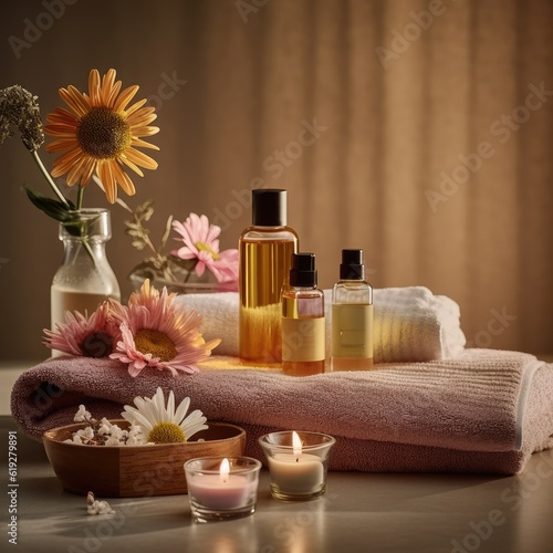 Spa treatments with essential oils towels and bath salts arranged in a serene setting generative AI