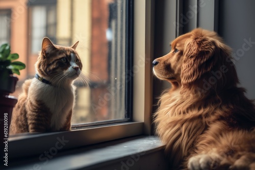 Dog and Cat Peeking Out a Window Together. Generative AI © 2rogan