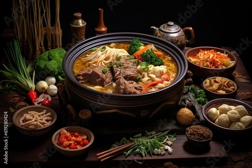 Asian food in bowl. Chopsticks, meat, southern countryside