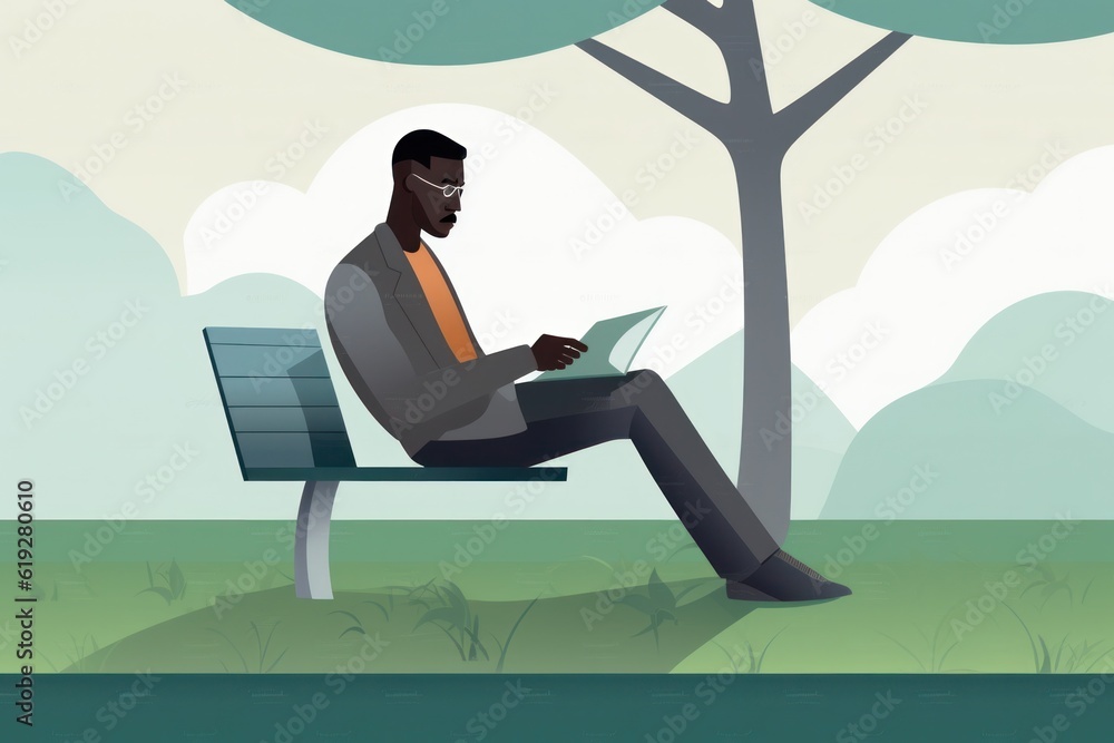 minimalist illustration of a black man sitting in a park, reading a book