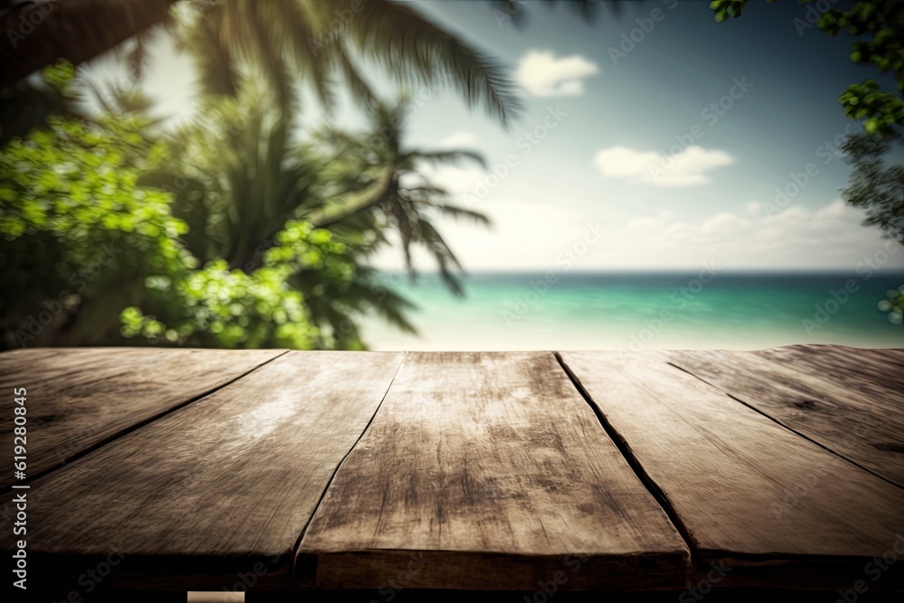 wooden table facing the tranquil ocean view. Generative AI