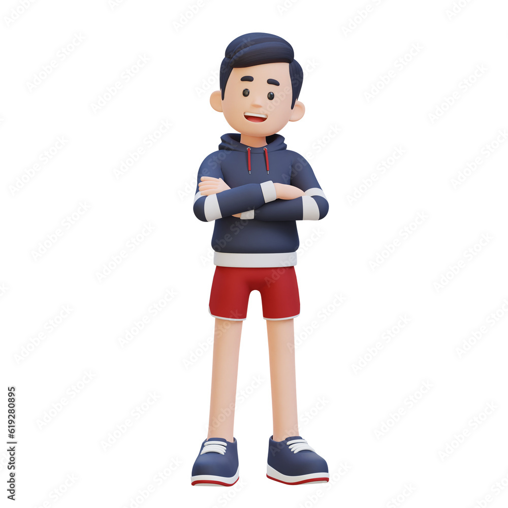 3D Sportsman Character Exuding Confidence with Arms Crossed Pose in a Dynamic Setting