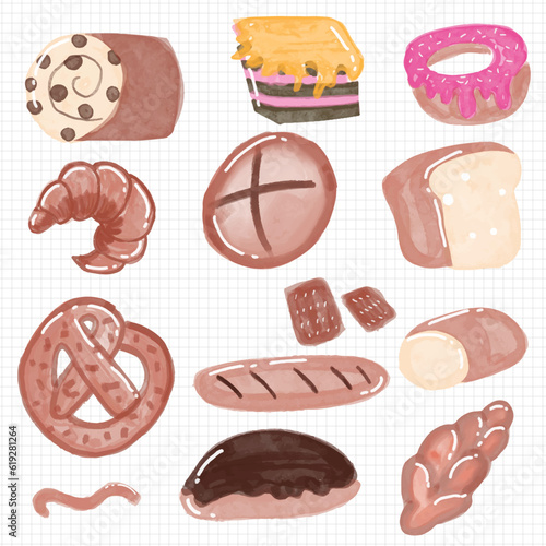 set of watercolor bread and donut. Vintage bakery and pastry water color style doodle