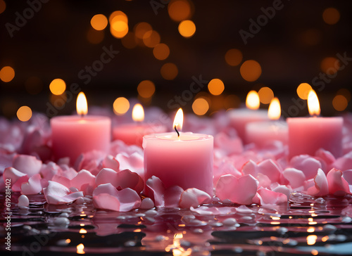 Candlelight pink rose petals on water ripples and splashes. water reflection beautiful bokeh black background twilight in water bath spa aromatherapy, Valentine, honeymoon, wedding. Generative Ai.