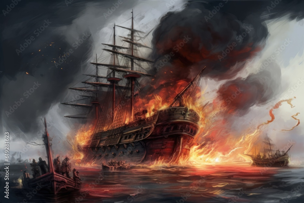 ship engulfed in flames and sinking in the vast ocean. Generative AI